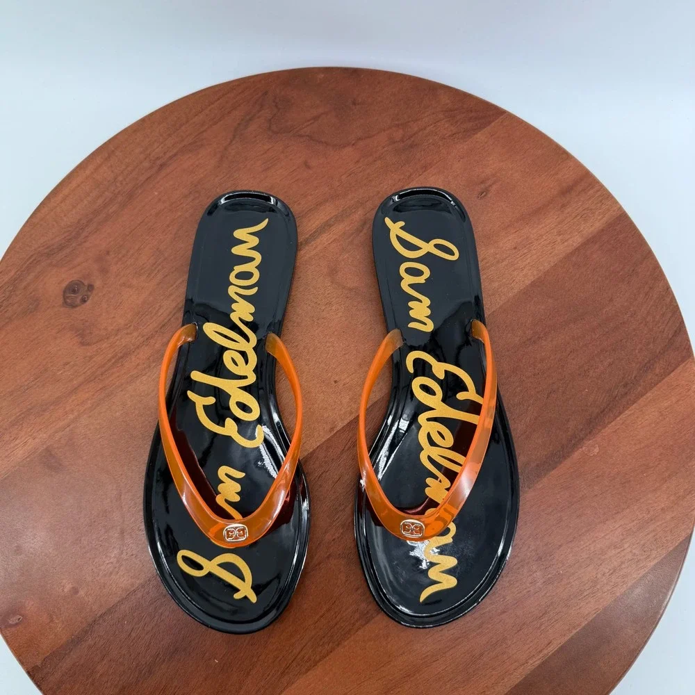 Sam Edelman Dean Jelly Thong Sandals  Black Orange/Red Clear Flip Flops Womens 8